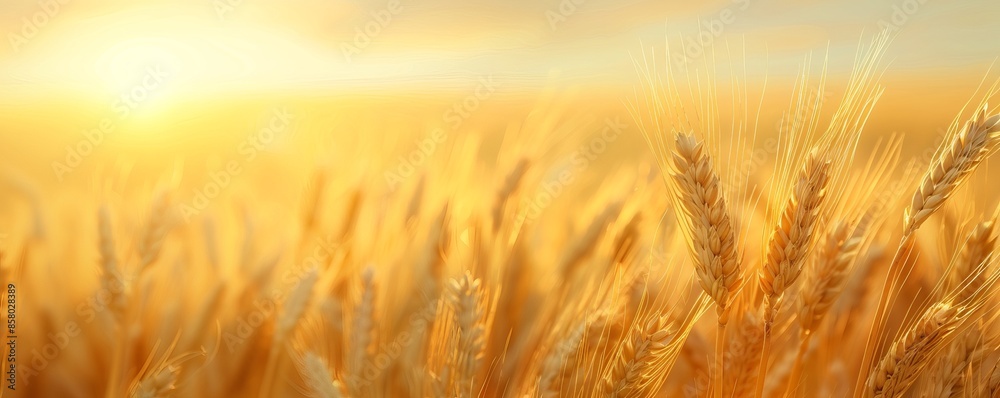 Fototapeta premium Golden wheat field at sunrise with a dreamy, soft focus background. Beautiful, sunlit scene perfect for agricultural and nature themes.