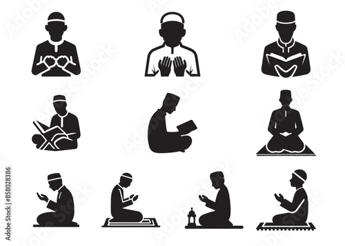 set of silhouettes about muslims raising their hands in prayer and reading holy Quran 