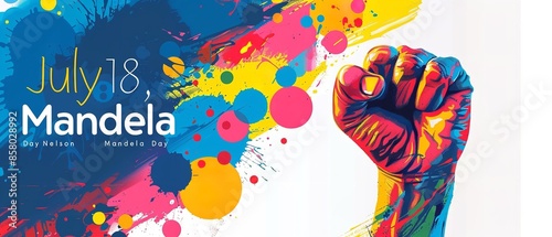 Handprinted with the colours of the South African flag, the illustration has a vibrant fist and writing on the side celebrating International Nelson Mandela Day on July 18th, Generative AI.