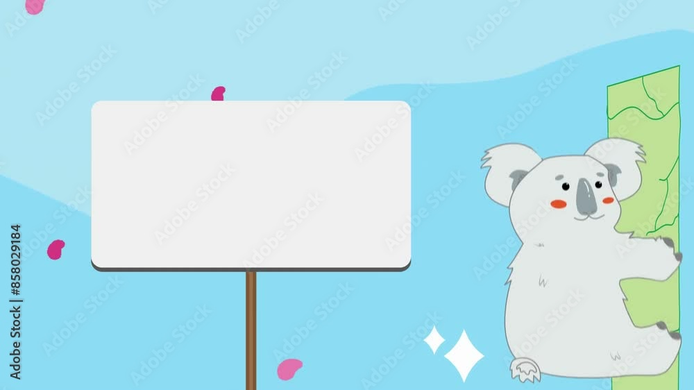 Animation of koala climbing a tree, with white board sign for text background Animation of koala climbing a tree, with white board sign for text background
