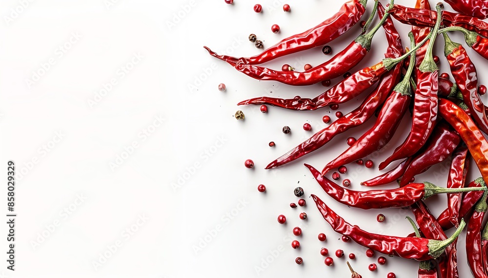 Desiccated red chili peppers in close-up isolated on a stark white backdrop template with plenty of space to accommodate text, Generative AI. Desiccated red chili peppers in close-up isolated on a stark white backdrop template with plenty of space to accommodate text, Generative AI.