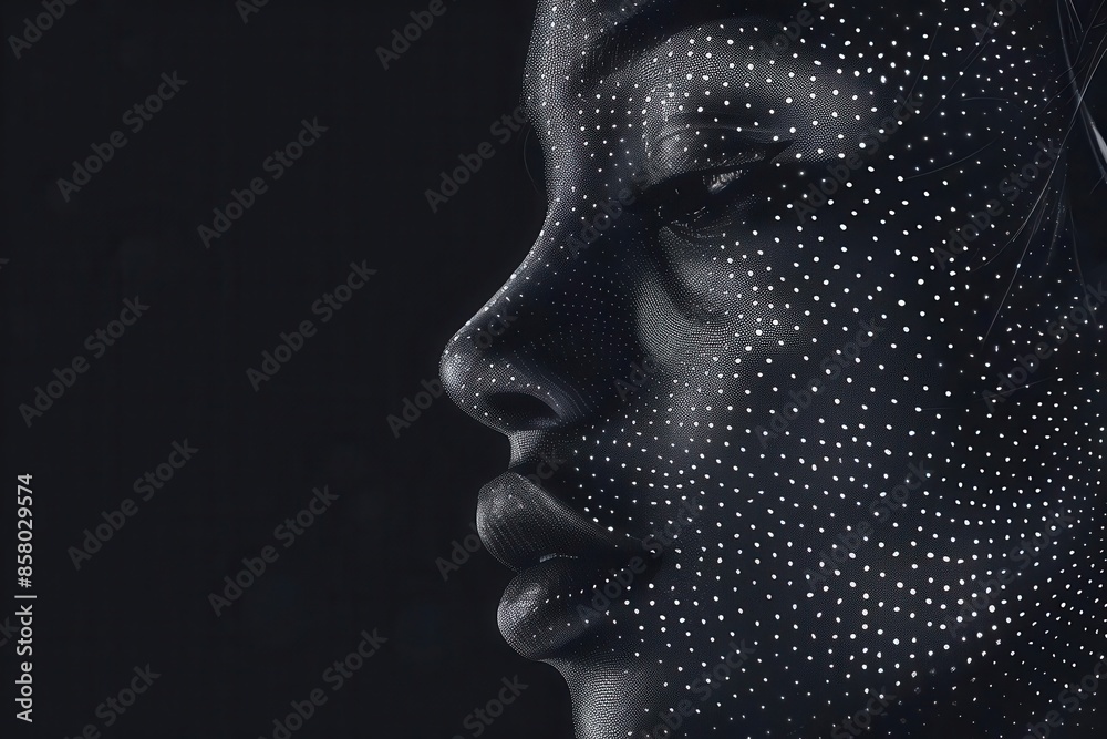 abstract portrait of womans face with dotted outlines dark background abstract portrait of womans face with dotted outlines dark background