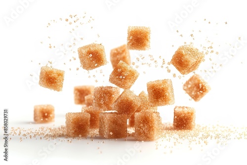 Concentrated image of flying brown sugar cubes cutout with large content space for product advertisement isolated on a stark white backdrop, Generative AI.