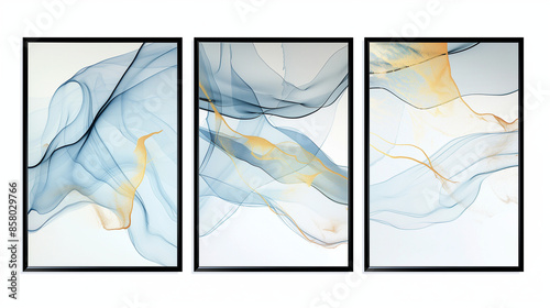 Abstract Triptych Art with Blue and Gold Accents on White Background

