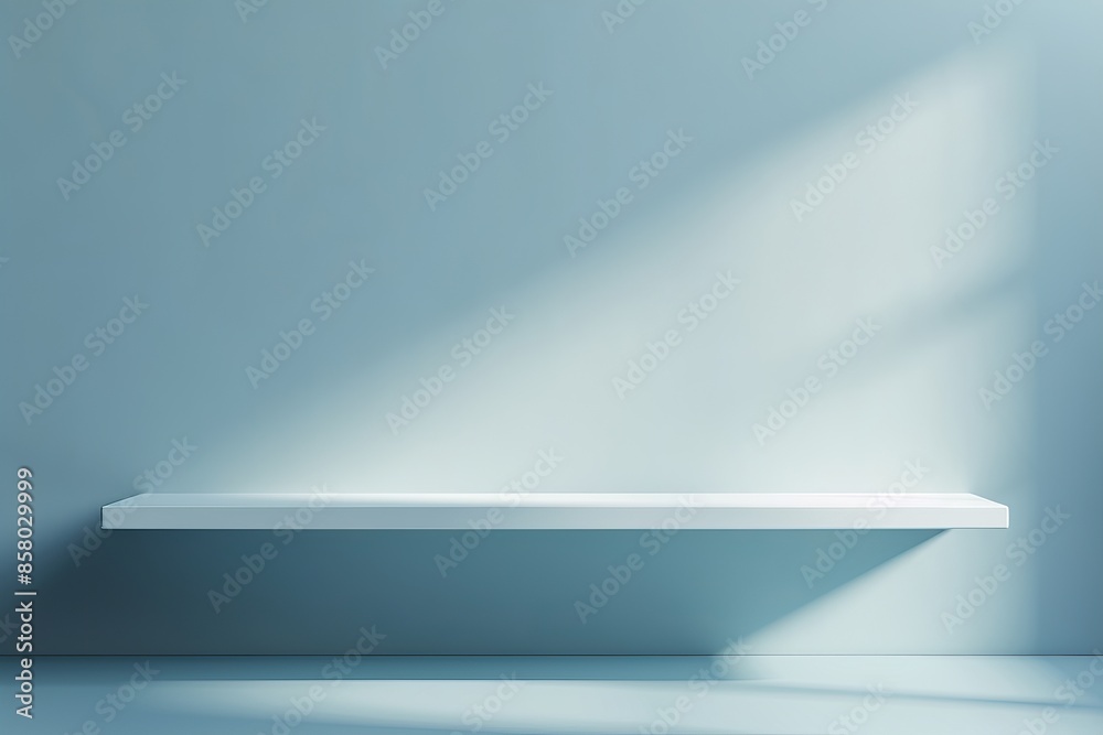 Minimalistic floating white shelf on a pale blue wall with soft light and shadows creating a calming, modern, and elegant aesthetic. Minimalistic floating white shelf on a pale blue wall with soft light and shadows creating a calming, modern, and elegant aesthetic.