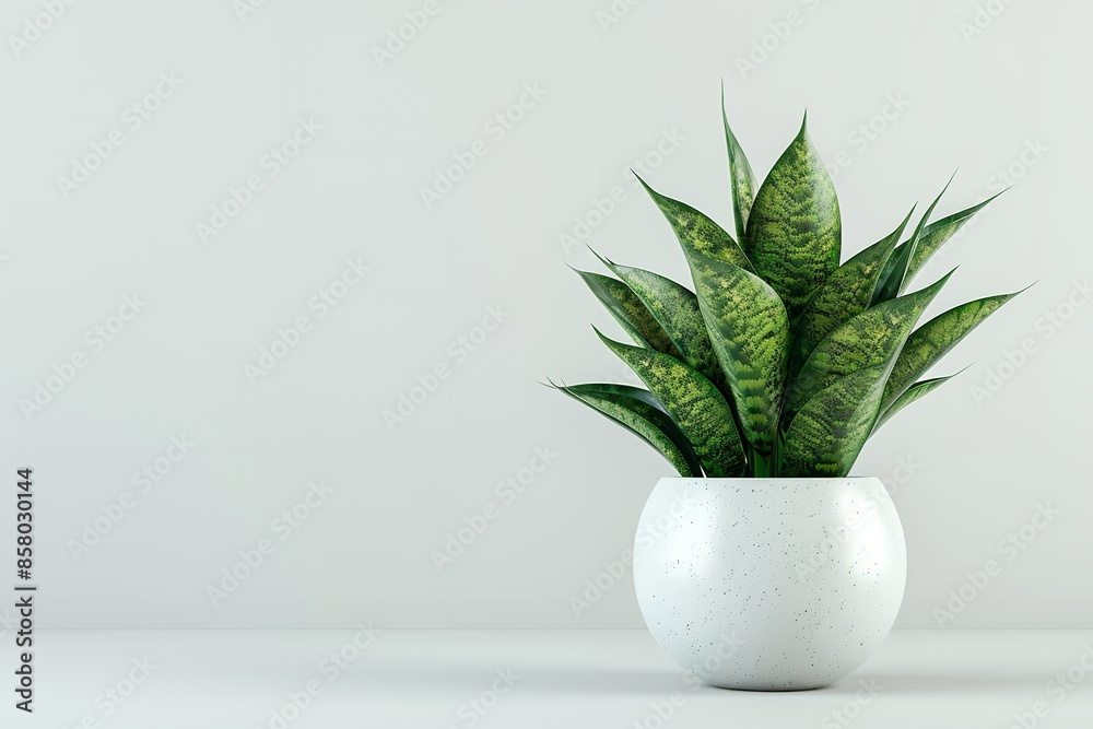 An advertisement with large writing space and a Sansevieria plant in a white ceramic container set against a plain white background, Generative AI.