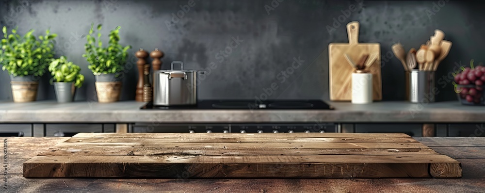 Modern kitchen interior with wooden countertop, herbs, and kitchen utensils on a sleek background. Ideal for cooking and design themes. Modern kitchen interior with wooden countertop, herbs, and kitchen utensils on a sleek background. Ideal for cooking and design themes.