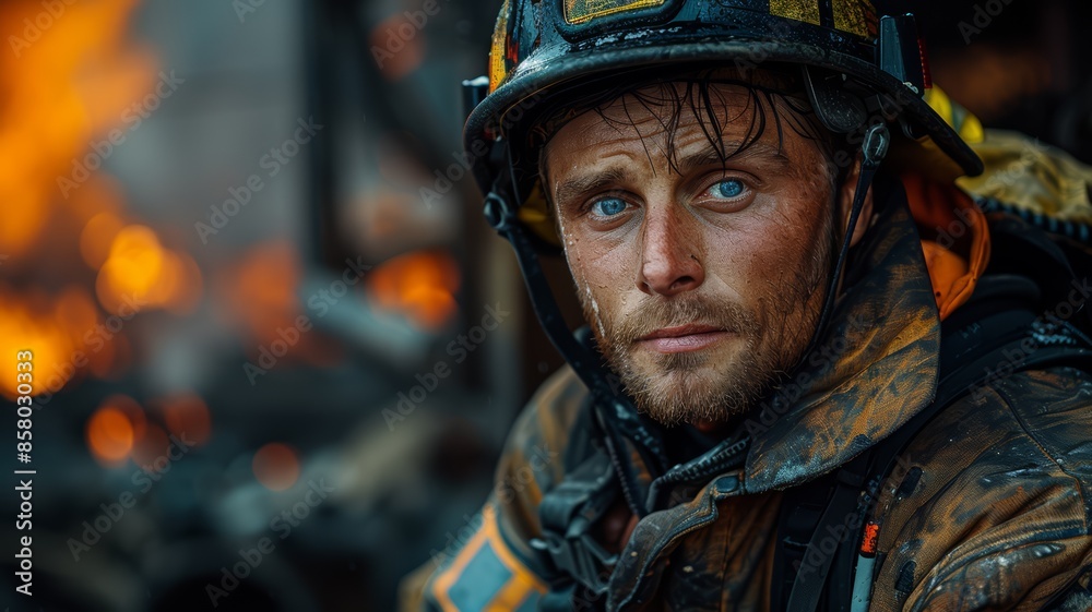 A tired firefighter sits after extinguishing a fire A tired firefighter sits after extinguishing a fire