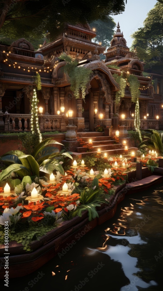 Fototapeta premium A Temple Decorated with Flowers and Lights