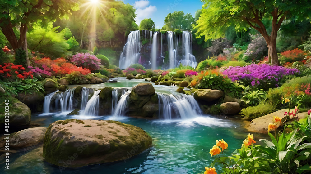 Tuinposter met a beautiful paradise land full of flowers rivers and waterfalls a blooming and magical idyllic eden garden #858030343