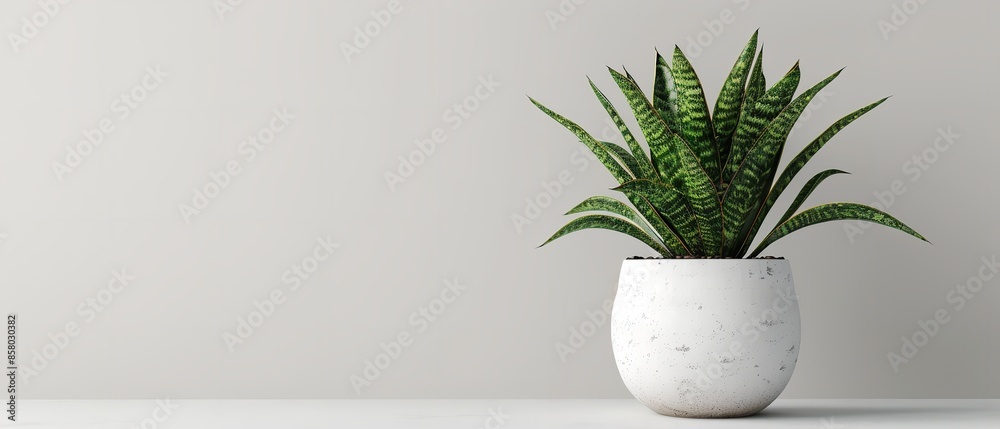 An advertisement with large writing space and a Sansevieria plant in a white ceramic container set against a plain white background, Generative AI. An advertisement with large writing space and a Sansevieria plant in a white ceramic container set against a plain white background, Generative AI.
