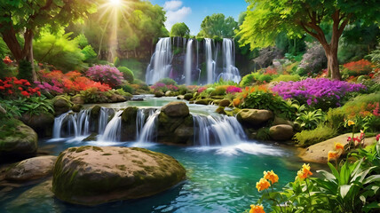 Tuinposter Watervallen Kleurrijk paradijs met bloemen en watervallen  © Fukuro