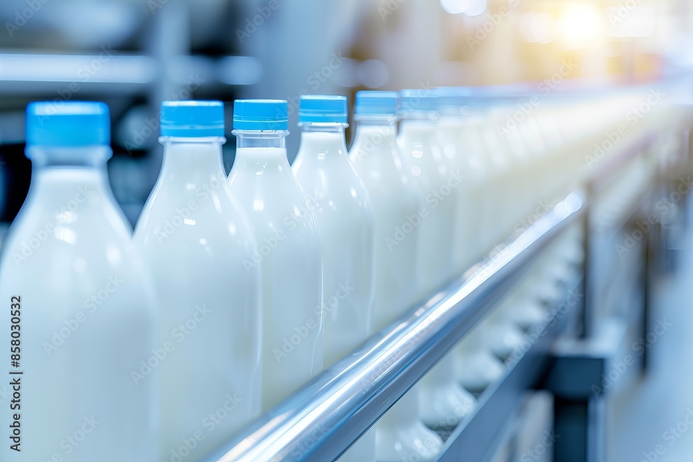 Row of milk bottles on a conveyor belt in a dairy production line, highlighting industrial process and food production efficiency. Row of milk bottles on a conveyor belt in a dairy production line, highlighting industrial process and food production efficiency.