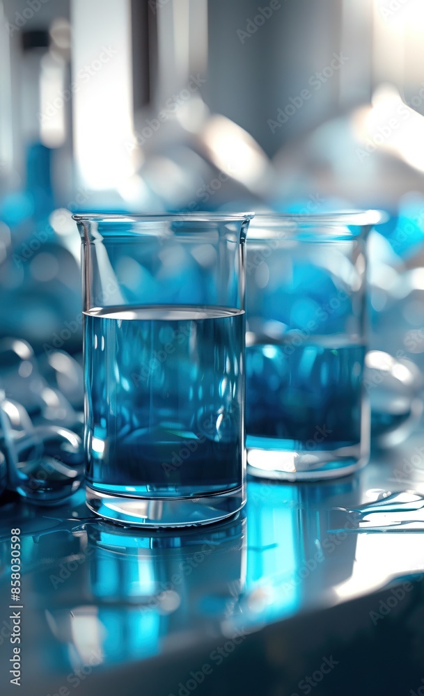 Two beakers with blue liquid in a scientific laboratory setting, surrounded by laboratory equipment and glassware. Two beakers with blue liquid in a scientific laboratory setting, surrounded by laboratory equipment and glassware.