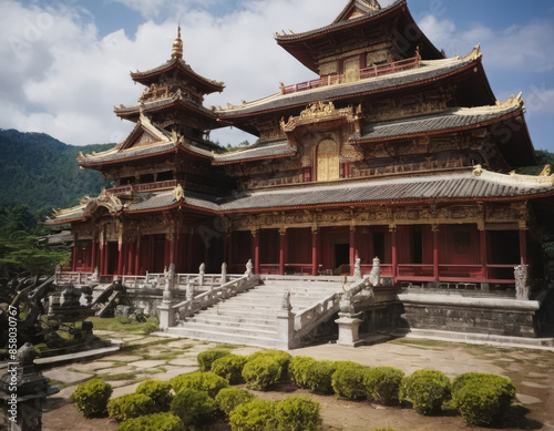 Un monastero tibetano con un tempio principale riccamente decorato.
