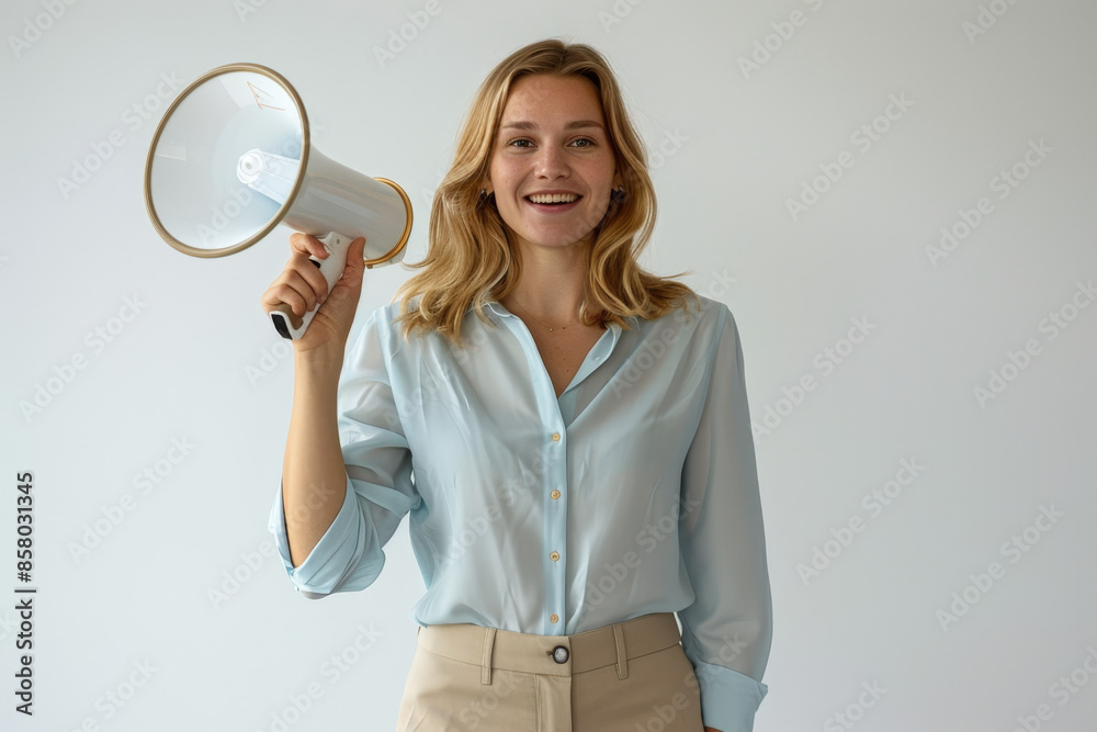 Young businesswoman holding a megaphone and smiling confidently on a white background, conveying a message of effective communication and leadership Young businesswoman holding a megaphone and smiling confidently on a white background, conveying a message of effective communication and leadership