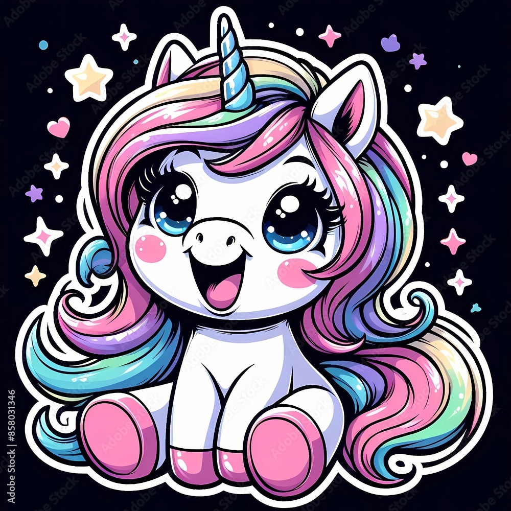 Isolated sticker of happy unicorn with smile on black background Isolated sticker of happy unicorn with smile on black background