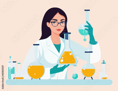 Young beautiful woman chemist with flasks with liquid in hand. Scientist girl is experimenting with equipment for vaccine discovery. Girl working on antiviral treatment development
