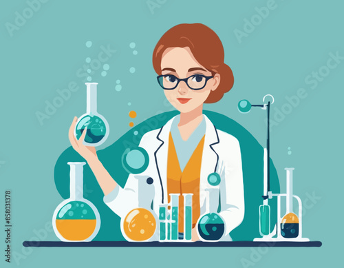 Young beautiful woman chemist with flasks with liquid in hand. Scientist girl is experimenting with equipment for vaccine discovery. Girl working on antiviral treatment development
