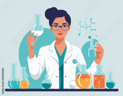 Young beautiful woman chemist with flasks with liquid in hand. Scientist girl is experimenting with equipment for vaccine discovery. Girl working on antiviral treatment development

