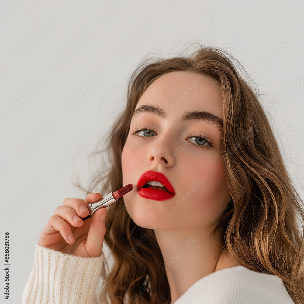 Pretty girl paints her lips with bright red lipstick Pretty girl paints her lips with bright red lipstick