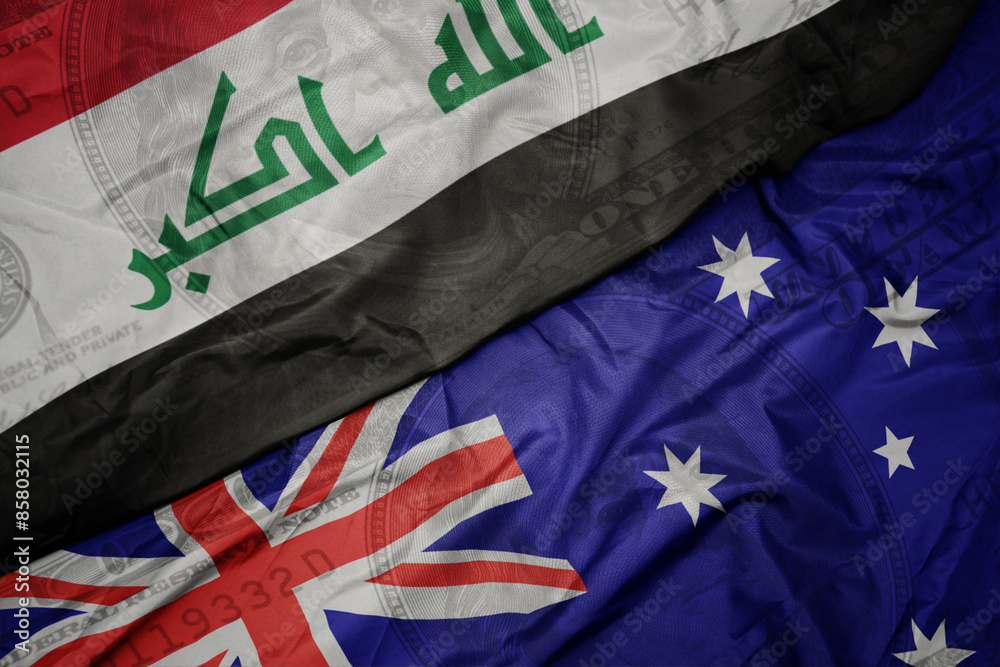 waving colorful flag of iraq and national flag of australia on the dollar money background. finance concept. waving colorful flag of iraq and national flag of australia on the dollar money background. finance concept.