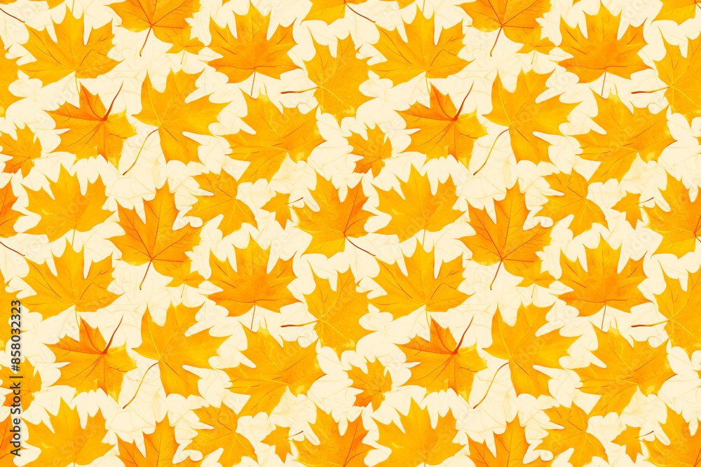 A seamless pattern of autumn leaves in warm yellow and orange hues, scattered on a light background, creating a cozy and seasonal tile ornament ideal for fall-themed designs. A seamless pattern of autumn leaves in warm yellow and orange hues, scattered on a light background, creating a cozy and seasonal tile ornament ideal for fall-themed designs.