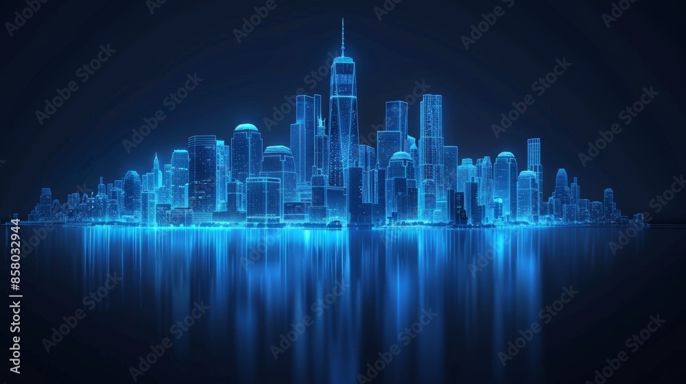 White cityscape, blue glow line drawing on black background, skyscrapers, buildings, reflections, futuristic White cityscape, blue glow line drawing on black background, skyscrapers, buildings, reflections, futuristic