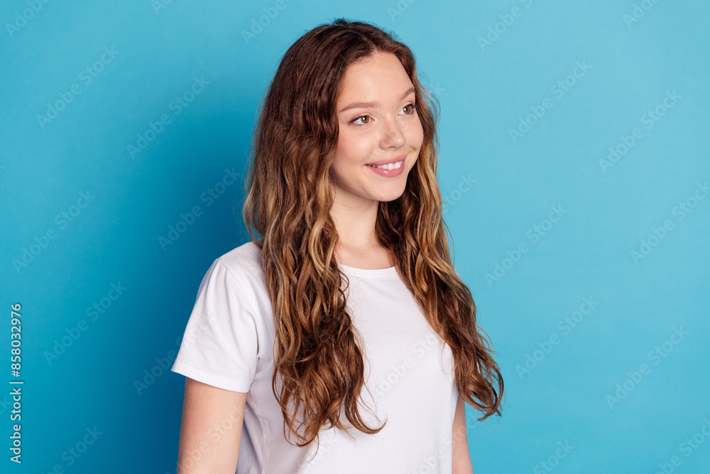 Photo of pretty nice cute girl wear white stylish pajama looking empty space isolated on blue color background Photo of pretty nice cute girl wear white stylish pajama looking empty space isolated on blue color background