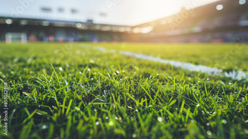 Close up of soccer field grass with stadium in background during sunset. Bright sunlight creating warm and inviting atmosphere