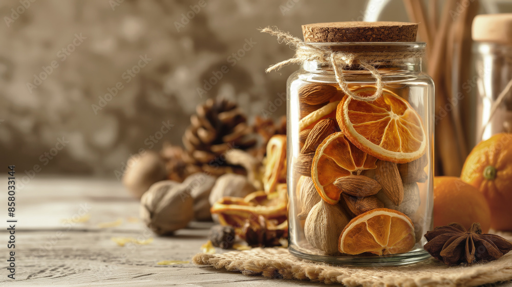 Jar of dried orange slices and nuts on rustic table. Warm lighting and blurred background create cozy, autumnal atmosphere