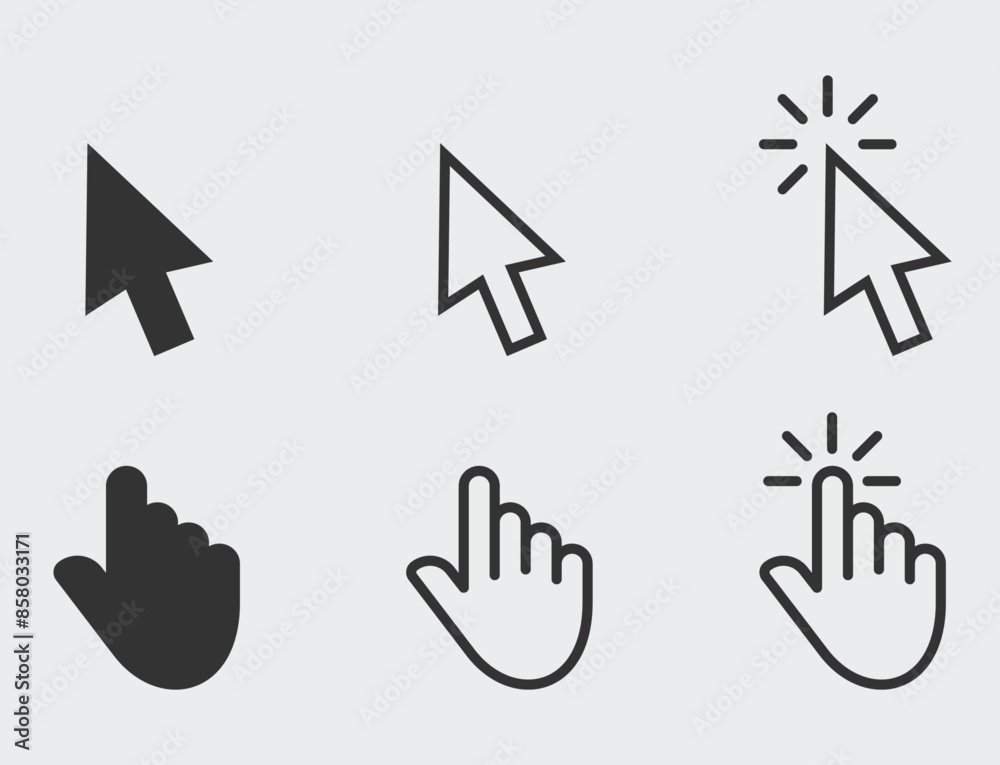 Computer mouse click cursor icon. Mouse click pointer sign. Clicking hand finger icon set. Mouse pointer symbol. Computer mouse click cursor icon. Mouse click pointer sign. Clicking hand finger icon set. Mouse pointer symbol.