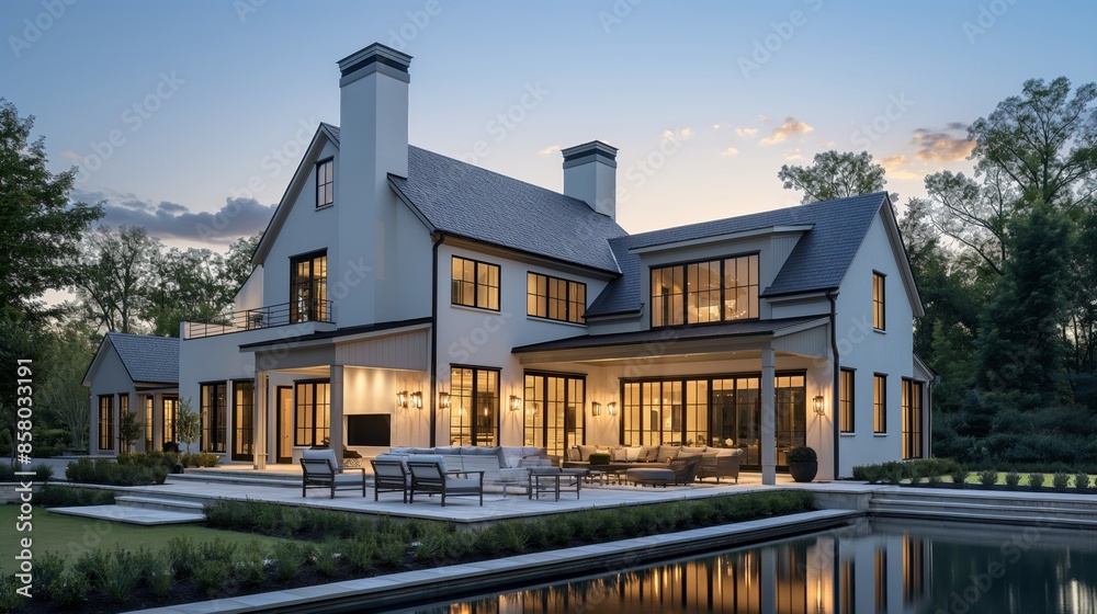 An elegant, modern home bathed in warm light stands proudly under a soft evening sky. An elegant, modern home bathed in warm light stands proudly under a soft evening sky.