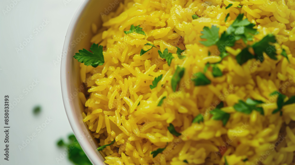 Bowl of yellow rice garnished with fresh cilantro. Close-up view shows vibrant color and fluffy texture of rice, creating appetizing and aromatic dish in a simple setting Bowl of yellow rice garnished with fresh cilantro. Close-up view shows vibrant color and fluffy texture of rice, creating appetizing and aromatic dish in a simple setting