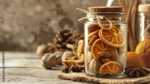 Jar of dried orange slices and nuts on rustic table. Warm lighting and blurred background create cozy, autumnal atmosphere