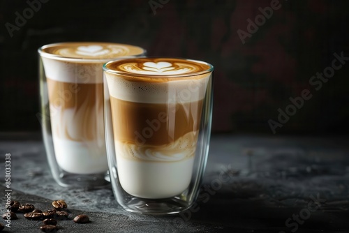 artistic composition of elegant doublebottomed glasses with frothy cappuccino and latte art on dark backdrop photo