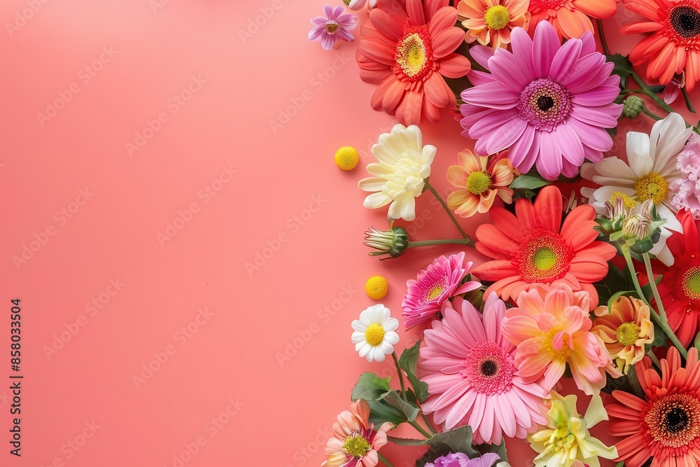 artistic flat lay of vibrant flowers on coral background with blank space for text a stunning invitation or greeting card design artistic flat lay of vibrant flowers on coral background with blank space for text a stunning invitation or greeting card design