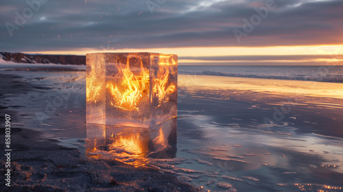 Crystal cube in flame on the beach background at sunset fire wallpaper