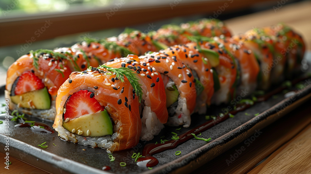 Sushi on plate with strawberry and fish salmon Sushi on plate with strawberry and fish salmon