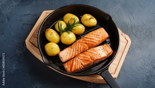 Grilled salmon steaks and potatoes in the pan – a real feast for the palate.
