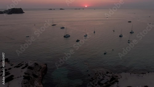 Sunset in Cala Escondida, Cala Comte Ibiza with drone
