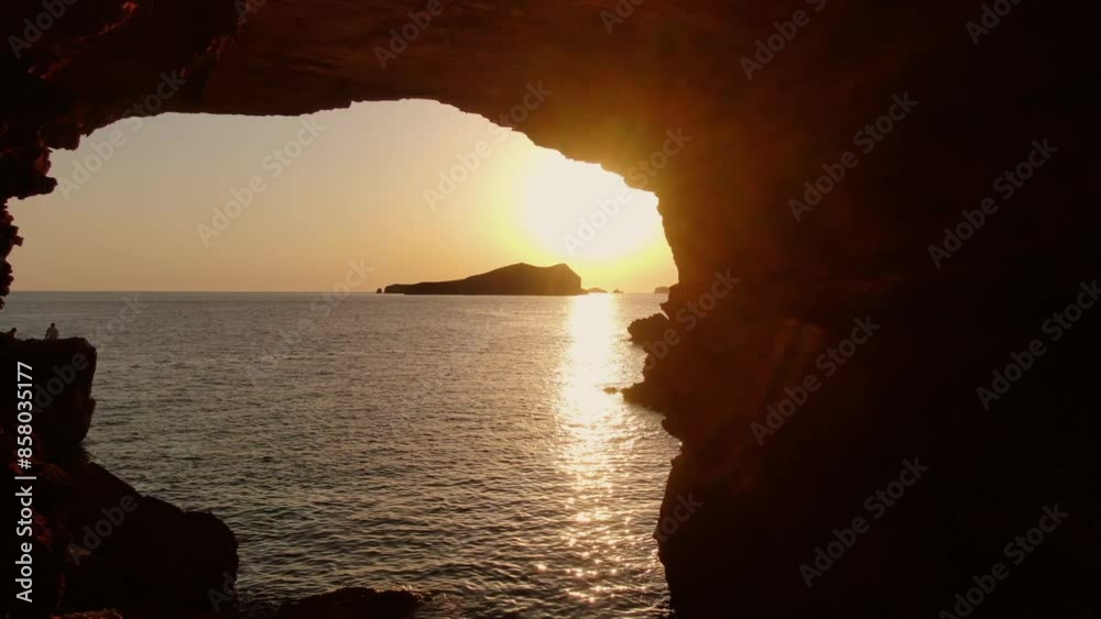 Sunset in Sa Figuera Borda Cave Ibiza with drone