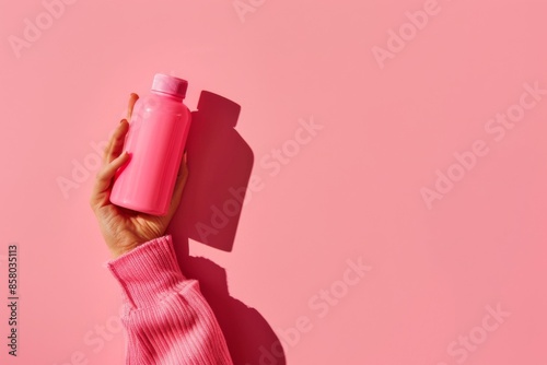 Hand Holding Pink Water Bottle on Vibrant Pink Background photo