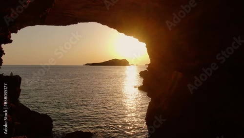 Sunset in Sa Figuera Borda Cave Ibiza with drone