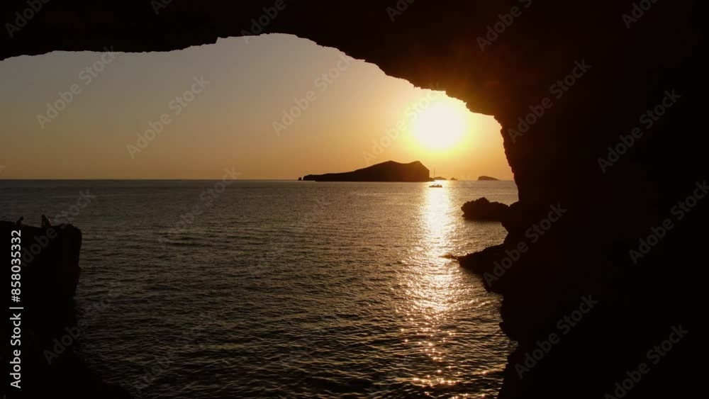Sunset in Sa Figuera Borda Cave Ibiza with drone