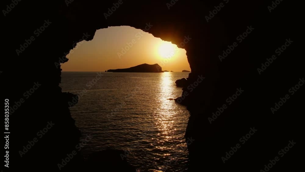 Sunset in Sa Figuera Borda Cave Ibiza with drone