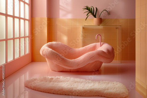 A fluffy plushie bathtub in a pink and peach bathroom. Original bathroom design. photo