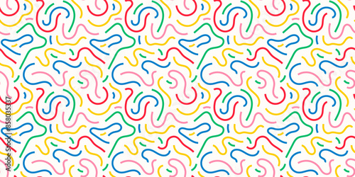 Fun colorful line doodle seamless pattern. Creative minimalist style art background for children or trendy design with basic shapes. Simple childish scribble backdrop.