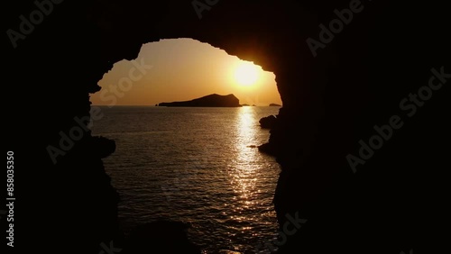 Sunset in Sa Figuera Borda Cave Ibiza with drone