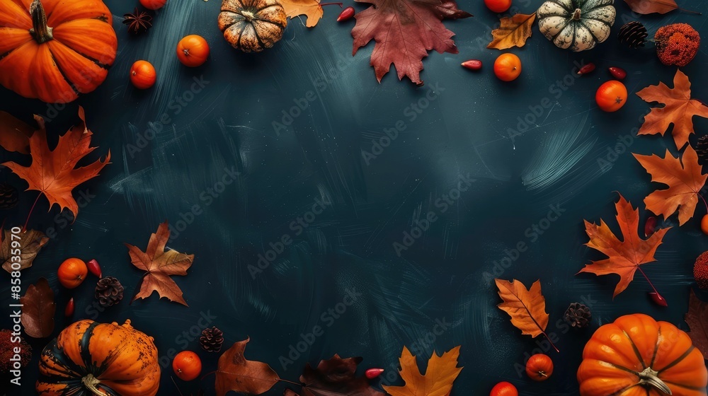 A rich autumn-themed flat lay featuring pumpkins, pine cones, and vibrant leaves on a textured dark teal background, capturing the warm and cozy essence of the fall harvest season. A rich autumn-themed flat lay featuring pumpkins, pine cones, and vibrant leaves on a textured dark teal background, capturing the warm and cozy essence of the fall harvest season.
